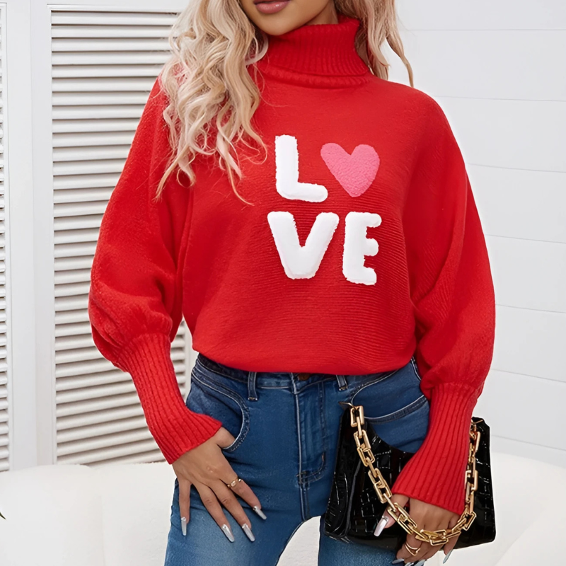 Damen Rollkragenpullover Langarm Love Design - IdealeKleiden