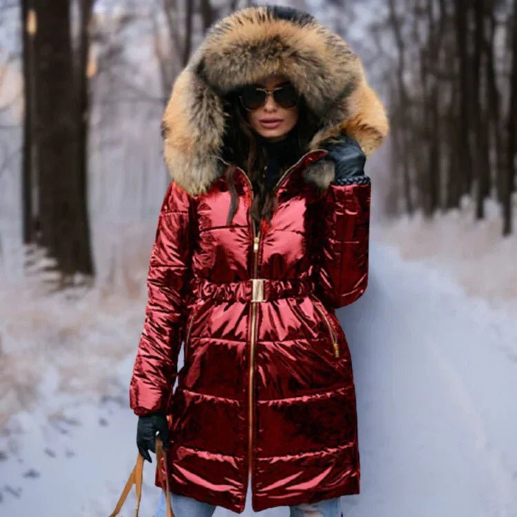 Women's Winter Jacket Warm Hooded Shiny Fabric