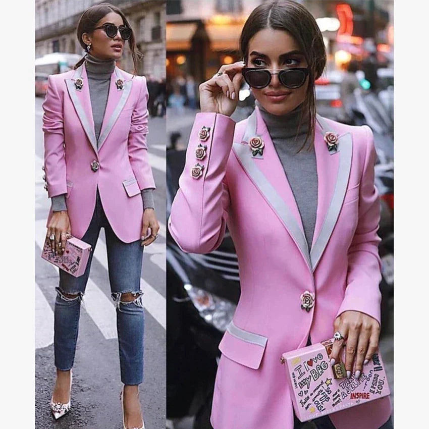 Pink Blazer Women Elegant Floral Pattern