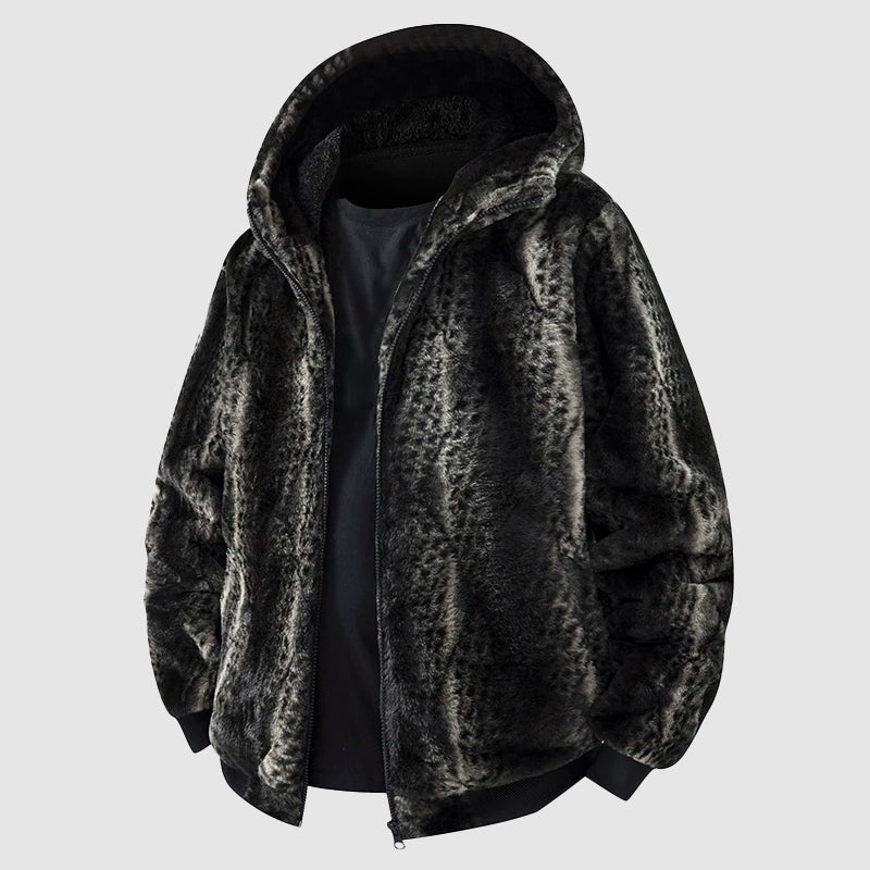 Fashionable faux fur jacket with hood and zipper