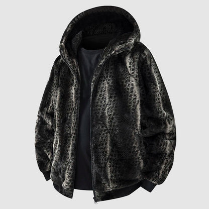 Fashionable faux fur jacket with hood and zipper