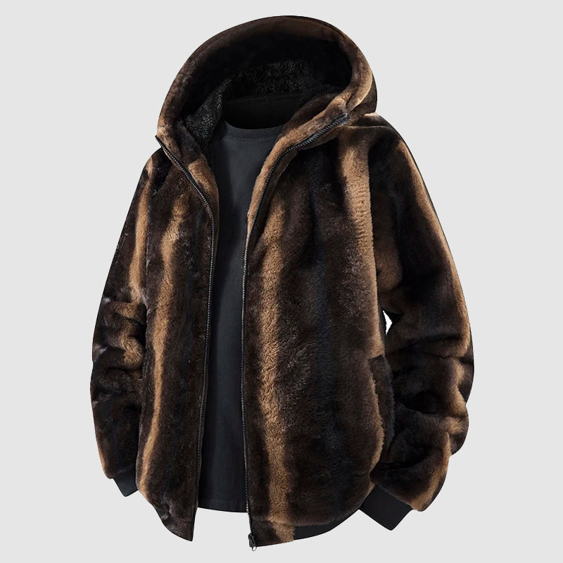 Fashionable faux fur jacket with hood and zipper