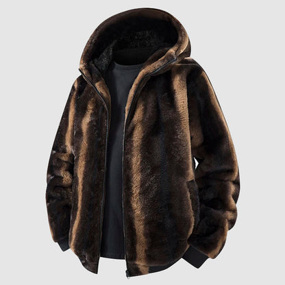Fashionable faux fur jacket with hood and zipper