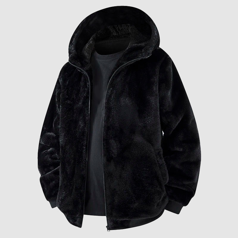 Fashionable faux fur jacket with hood and zipper