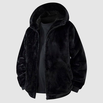 Fashionable faux fur jacket with hood and zipper