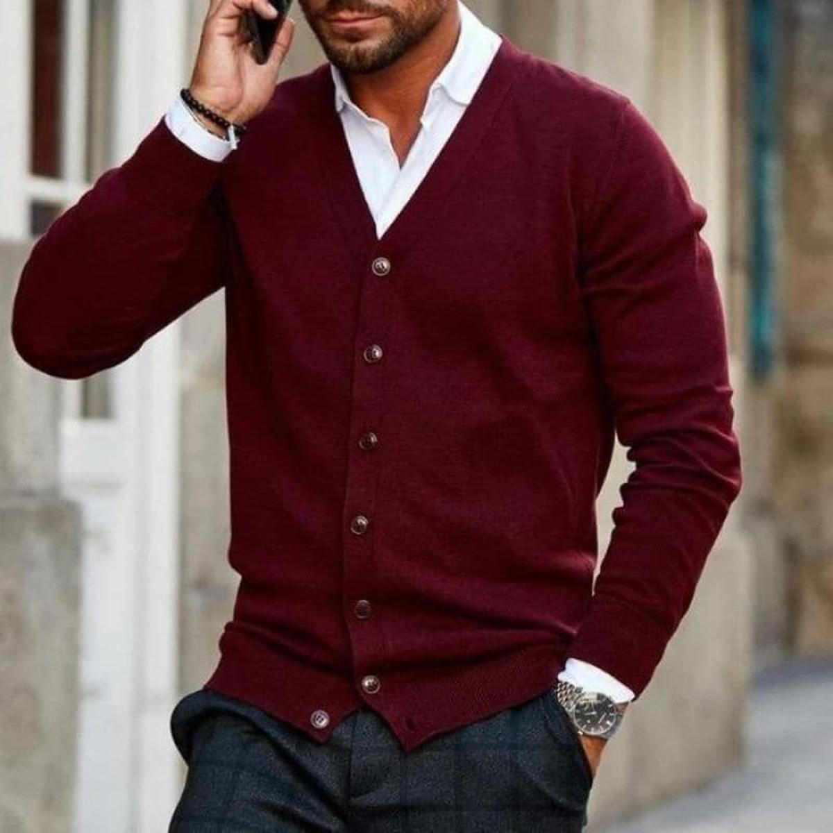 Herren Strickjacke Elegant V-Ausschnitt Business Style - IdealeKleiden
