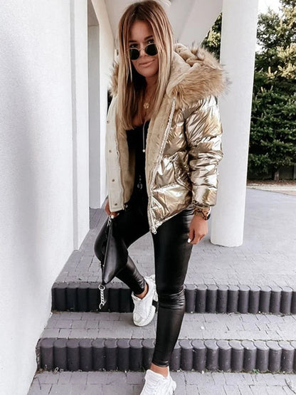 Women's Winter Metallic Puffer Jacket with Hood and Faux Fur
