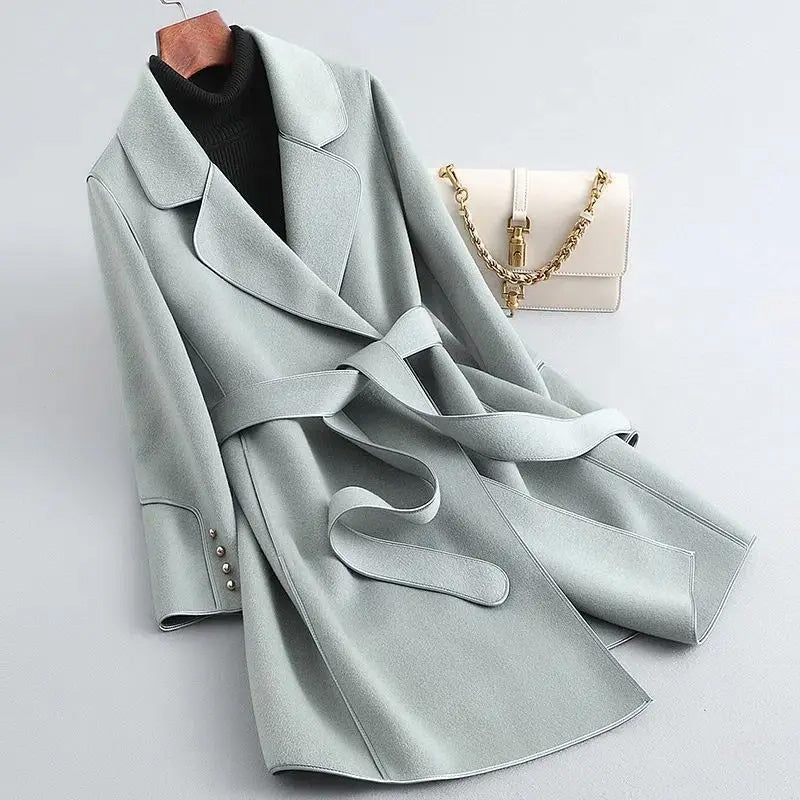 Slim Fit Winter Coat Belt Wrap Style Knee Length