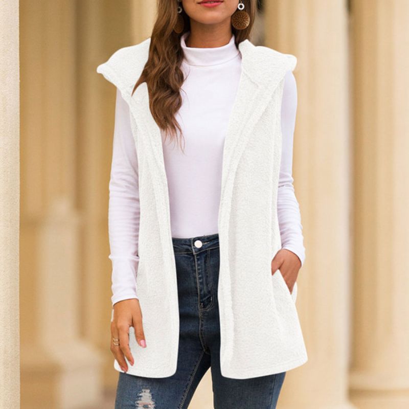 Women's Fleece Vest Sleeveless Hood Pockets Sporty