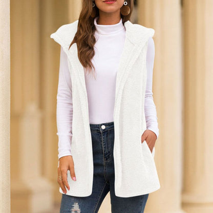 Women's Fleece Vest Sleeveless Hood Pockets Sporty