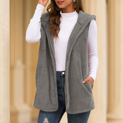 Women's Fleece Vest Sleeveless Hood Pockets Sporty