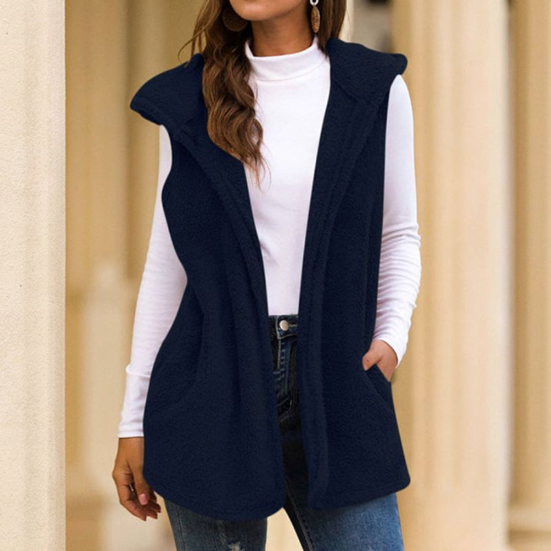 Women's Fleece Vest Sleeveless Hood Pockets Sporty