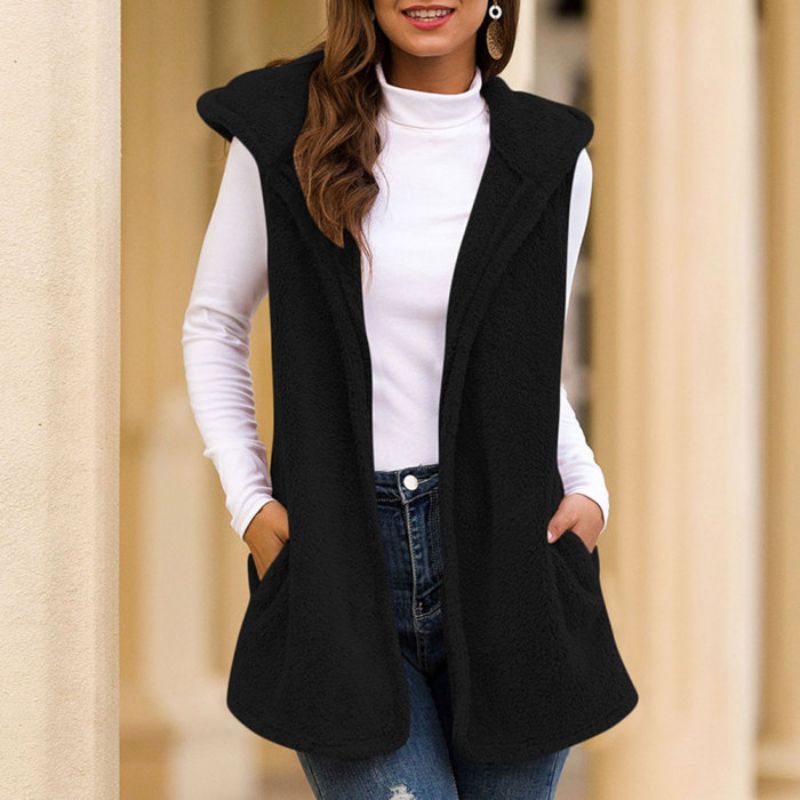 Women's Fleece Vest Sleeveless Hood Pockets Sporty