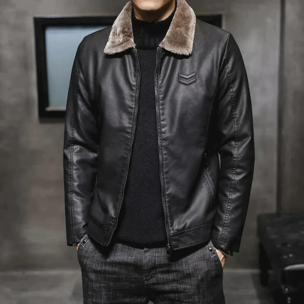 Leather Jacket Fleece Collar Warm & Stylish