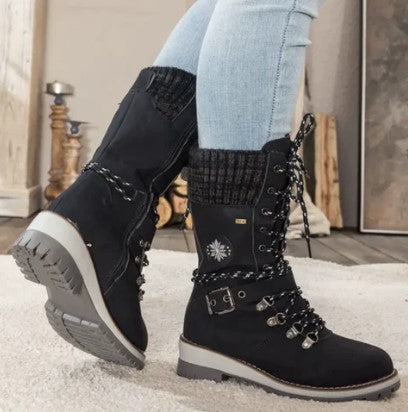 Ankle-High Knit Boots for Women Lace-Up Zipper