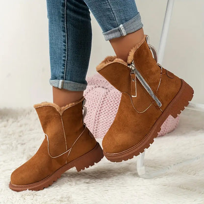 Women's Plush Boots with Zipper - Warm Winter Boots