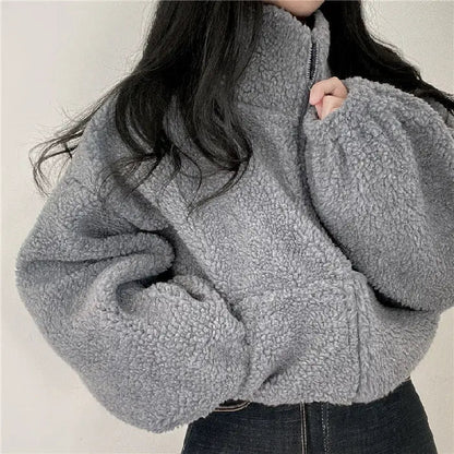 Soft Teddy Jacket for Women with Stand-Up Collar