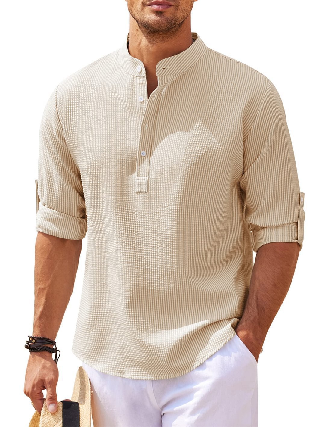Herren Hemd Relaxed Fit Stehkragen Rippoptik