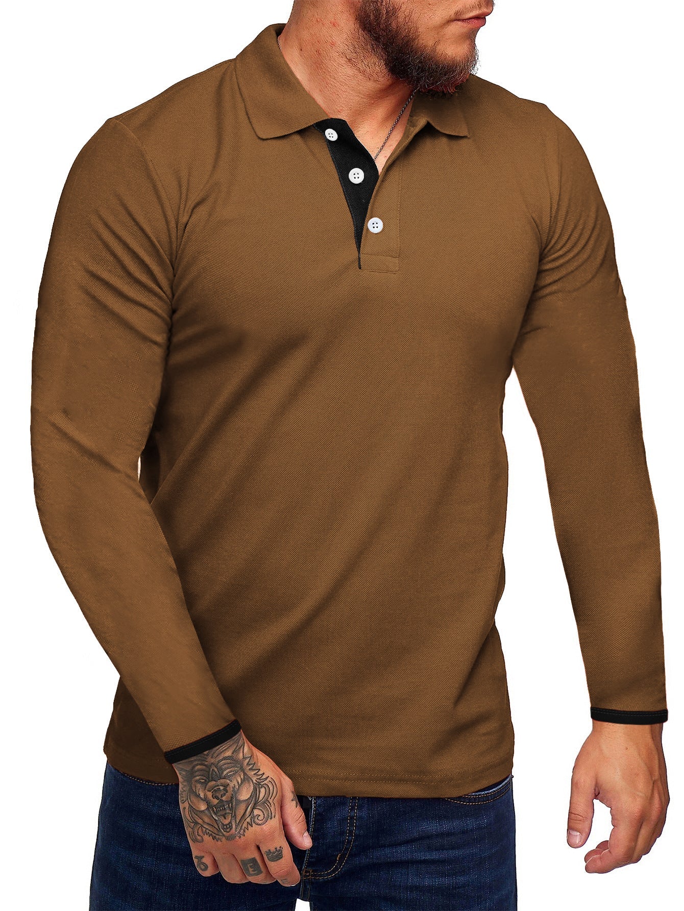 Men's Long-Sleeve Polo Shirt Modern Contrast Buttons
