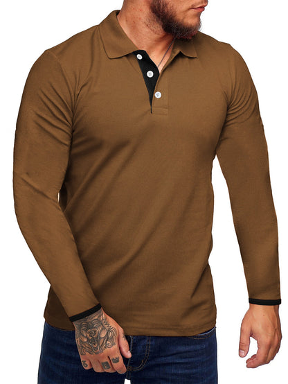 Men's Long-Sleeve Polo Shirt Modern Contrast Buttons