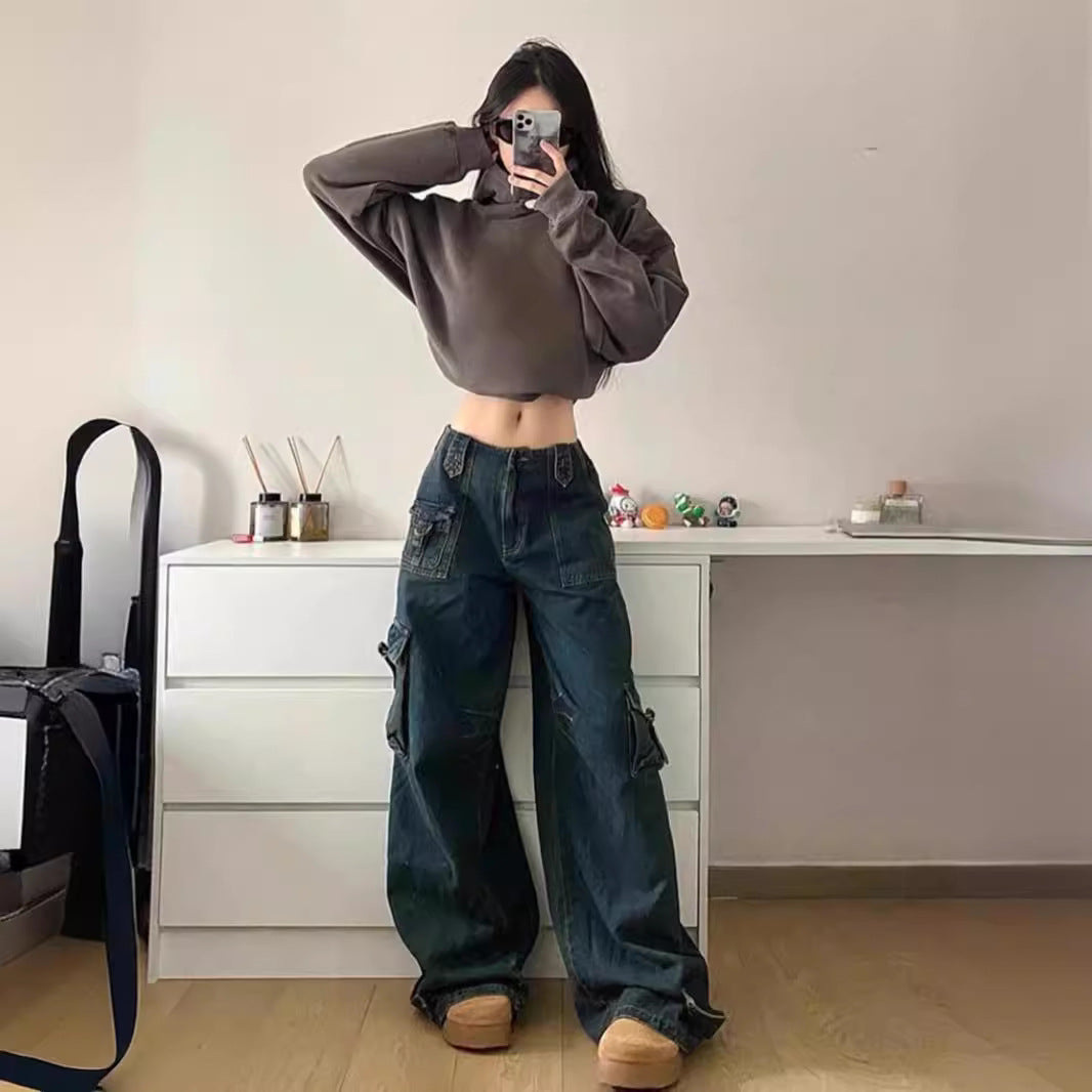 Damen Cargo-Jeans Oversized mit Taschen Bequem Freizeit - IdealeKleiden