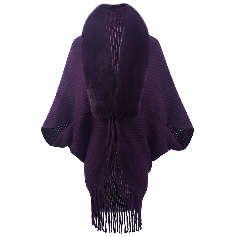 Damen Poncho Luxus Strick mit Kunstfellkragen und Fransen