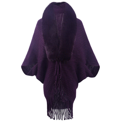 Damen Poncho Luxus Strick mit Kunstfellkragen und Fransen