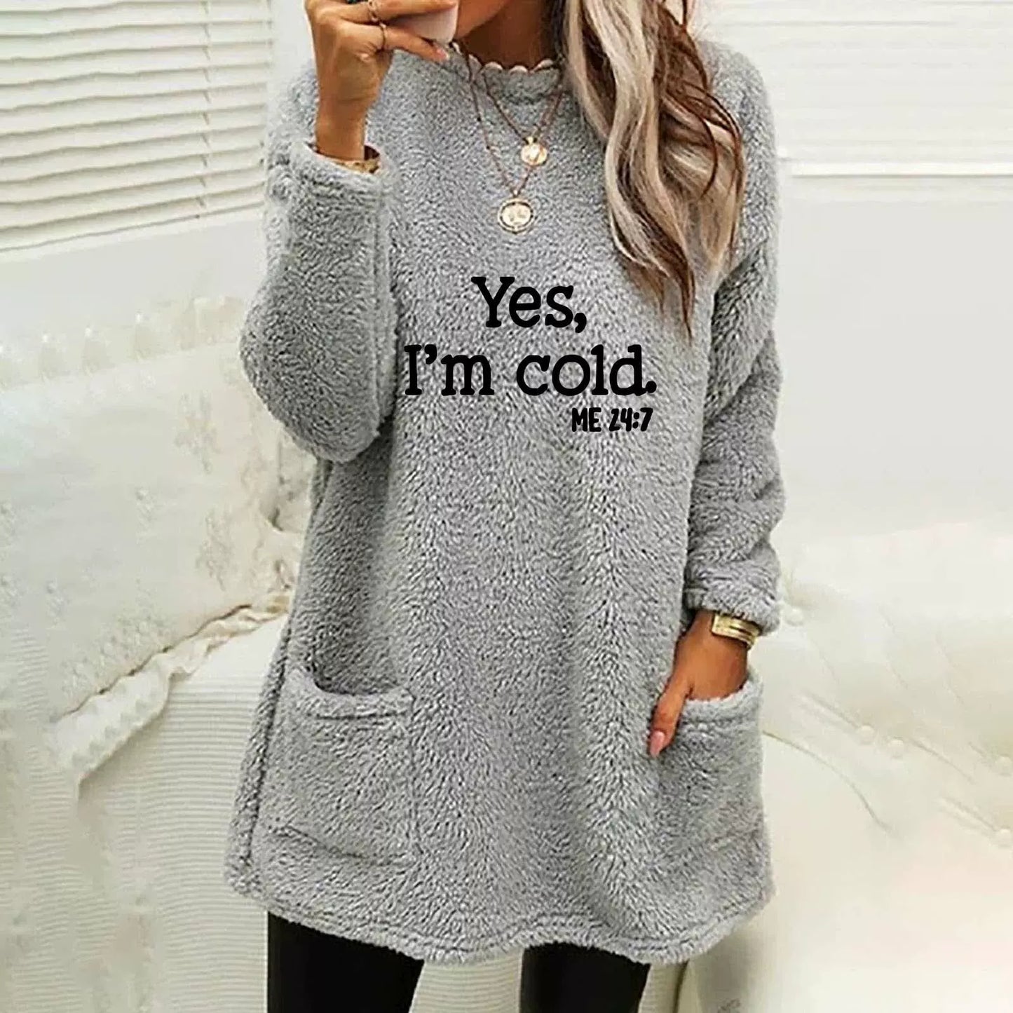 Oversized Double-Sided Fleece Sweatshirt Long Sleeve with Pockets