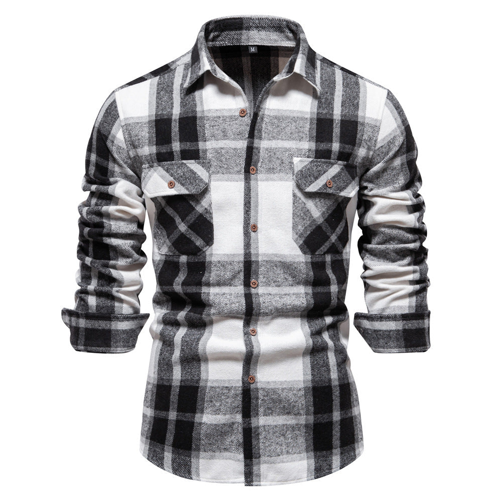 Men's Plaid Flannel Shirt Two-Pocket Winter