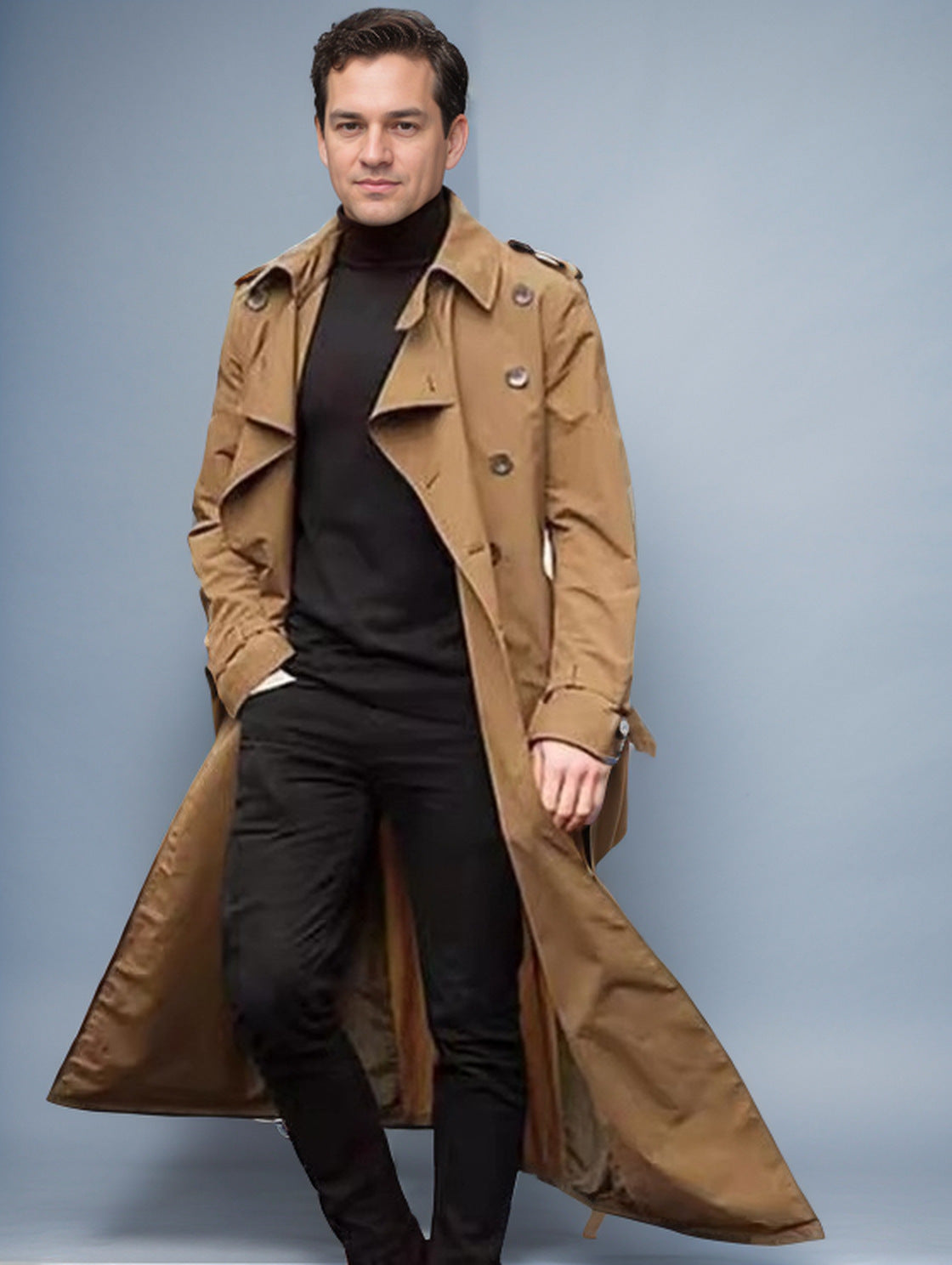 Men's Long Elegant Trench Coat with Pockets