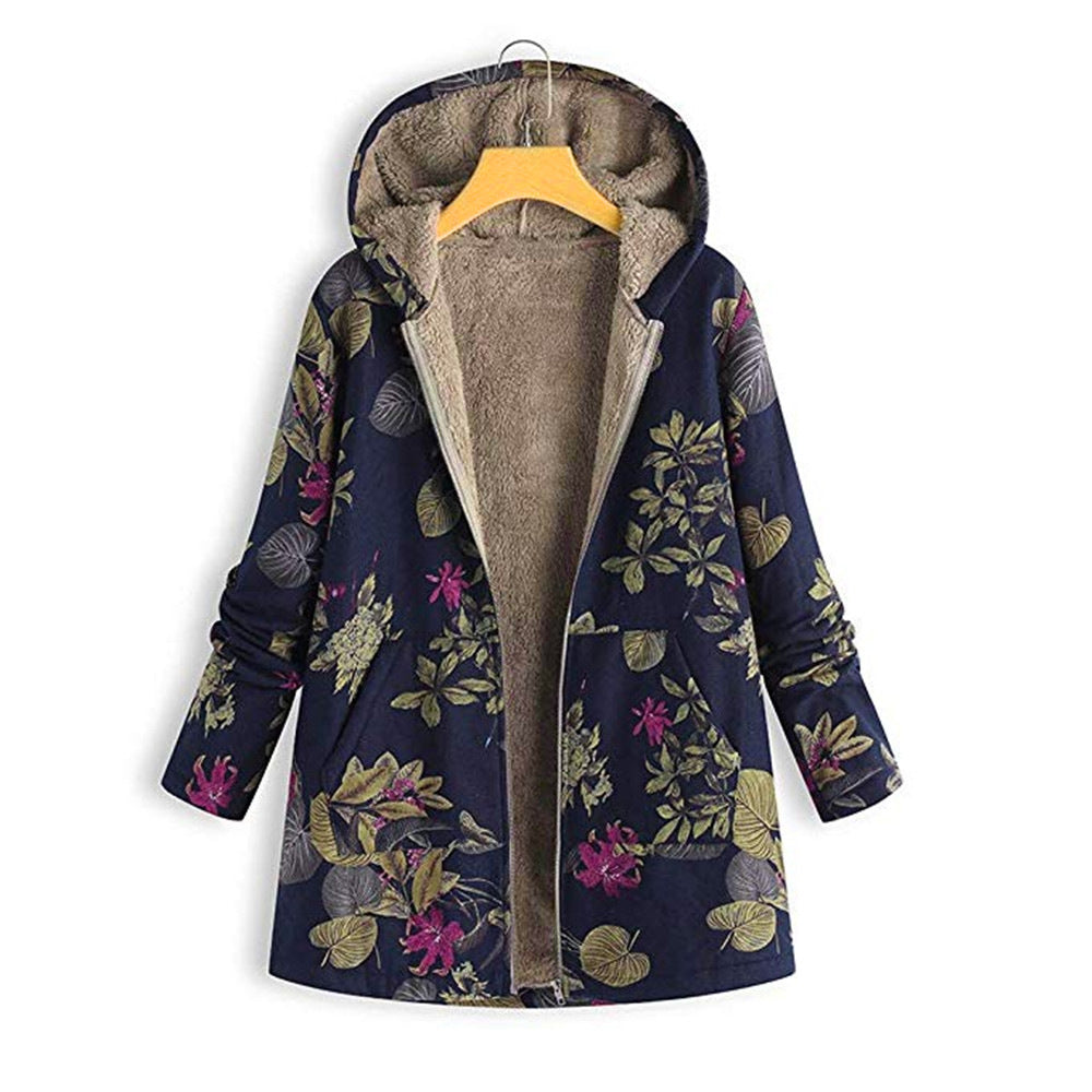 Hooded Coat Women's Plush Lining Floral Design Loose Fit