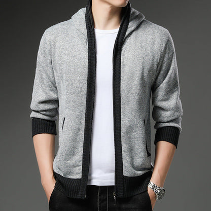 Men's Knitted Cardigan Modern Hood Black White