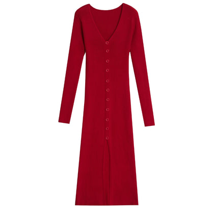 Women's Maxi Dress Long Sleeve Ribbed Elegant Button Design