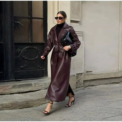 Women's Elegant Faux Leather Trench Coat with Belt