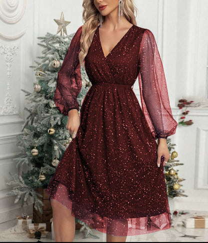 Women's Party Dress Glitter Puff Sleeve Evening Gown Elegant