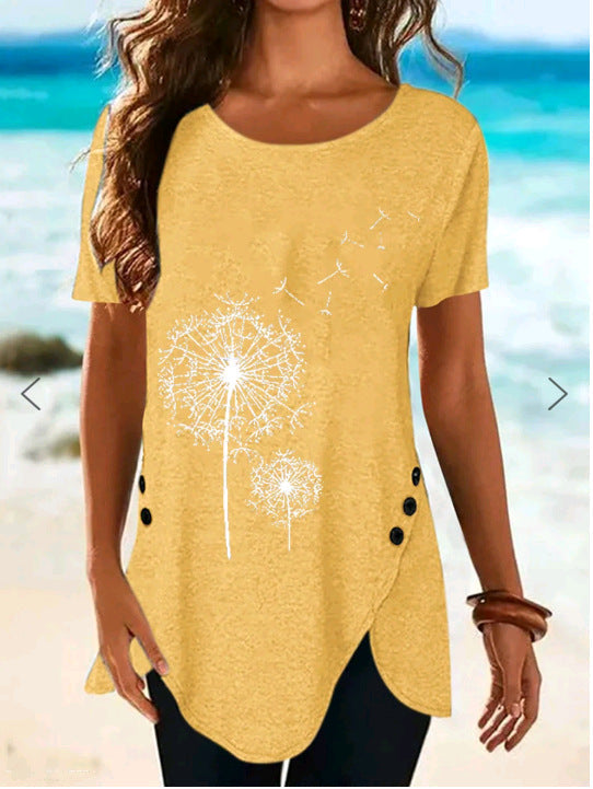 Women's Short-Sleeved Asymmetrical Dandelion Print Top