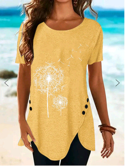 Women's Short-Sleeved Asymmetrical Dandelion Print Top