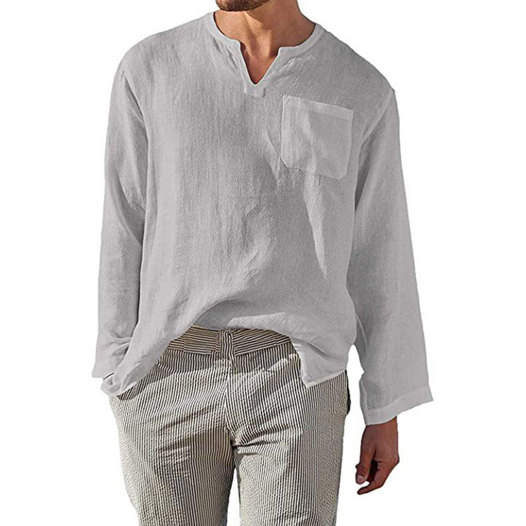 Men's Linen Long Sleeve Shirt Elegant Chest Pocket