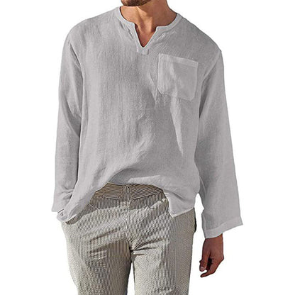 Men's Linen Long Sleeve Shirt Elegant Chest Pocket