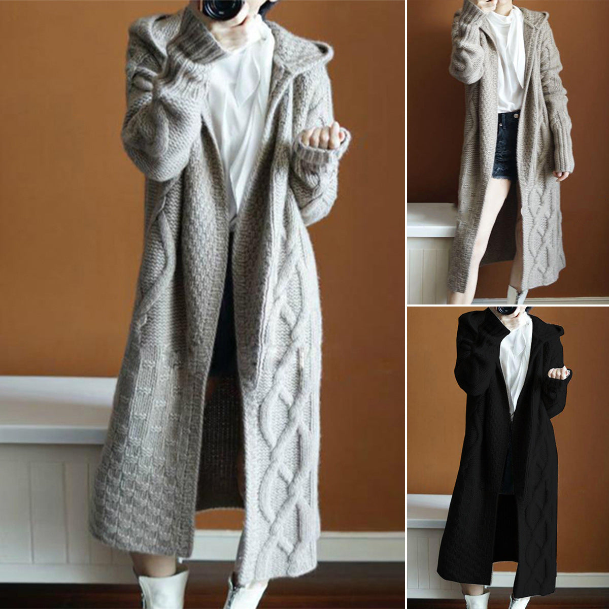 Damen Strickmantel Kapuze Zopfmuster Winter - IdealeKleiden