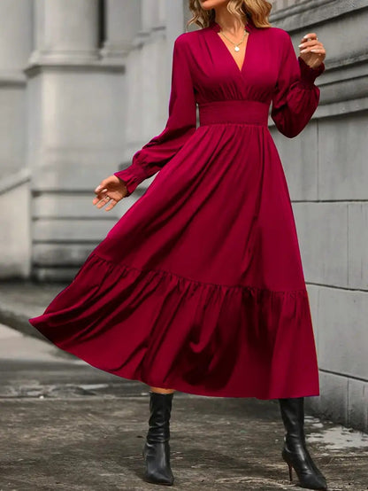Women's Maxi Dress Elegant V-Neck Loose Sleeves