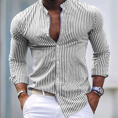 Men's Long Sleeve Shirt Modern Stand-up Collar Stripe Design