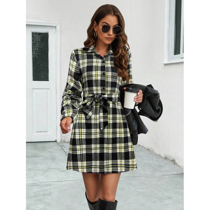 Women's Plaid Shirt Dress with Belt Elegant