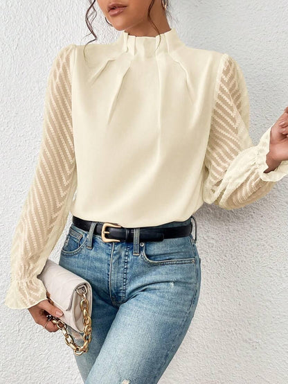 Elegant Blouse for Women Pleated Collar Sheer Sleeves