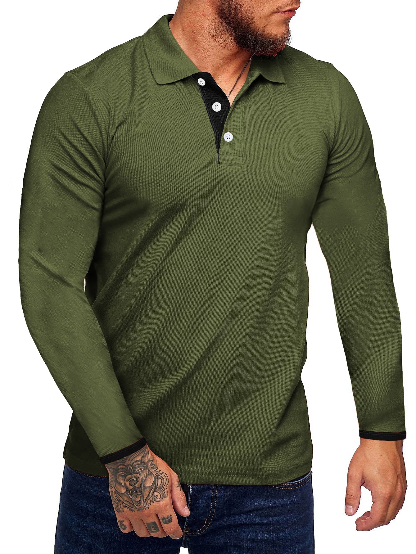 Men's Long-Sleeve Polo Shirt Modern Contrast Buttons