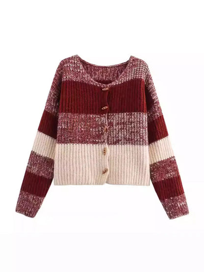 Women's Cardigan Elastic Ribbed Pattern Wooden Buttons Elegant Design