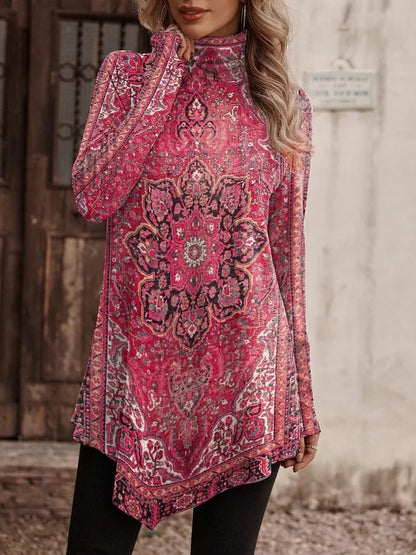 Women's Tunic Floral Pattern High Collar