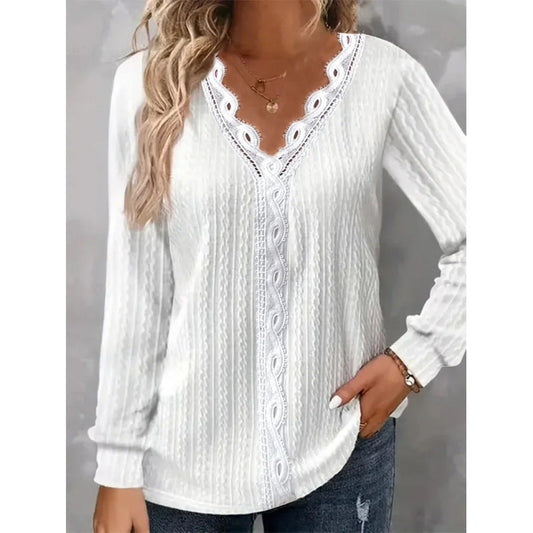 Damen Bluse Elegant Spitze Blumenmuster Langarm - IdealeKleiden