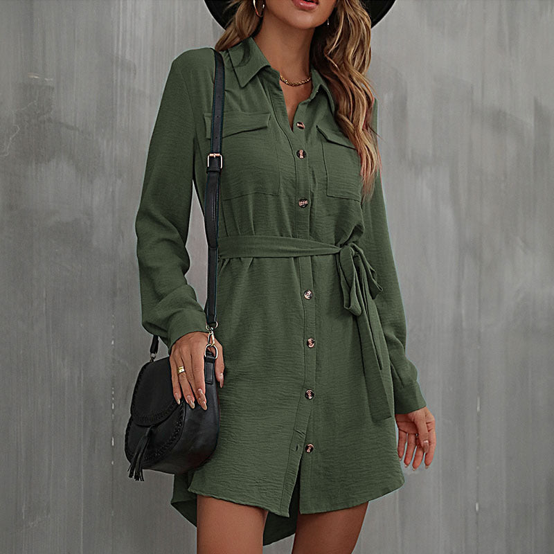 Damen Blusenkleid Elegant mit Gürtel und Taschen
