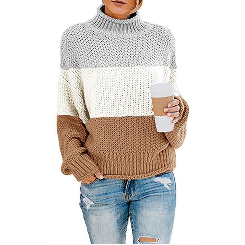Women's Sweater Chunky Knit High Collar Modern Color Block